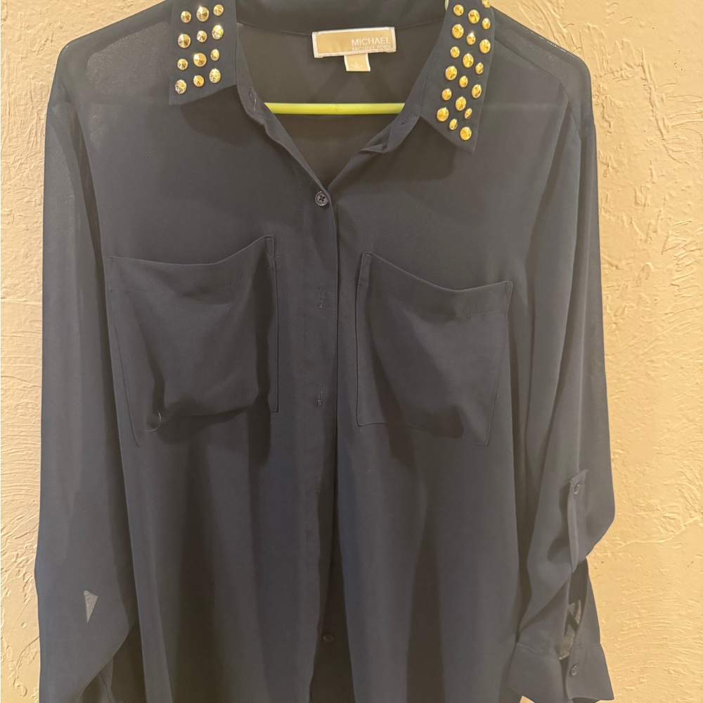 MICHAEL Michael Kors blackButton Down Shirt with Gold Studs
